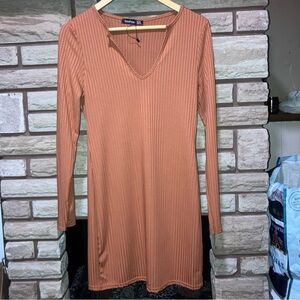 Boohoo Rust-Orange Ribbed V-Neck Long Sleeve Mini Dress